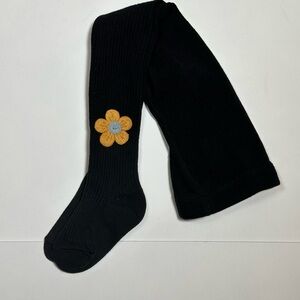 NWOT Baby Toddler Girl’s Black Cable Knit Tights With Flower